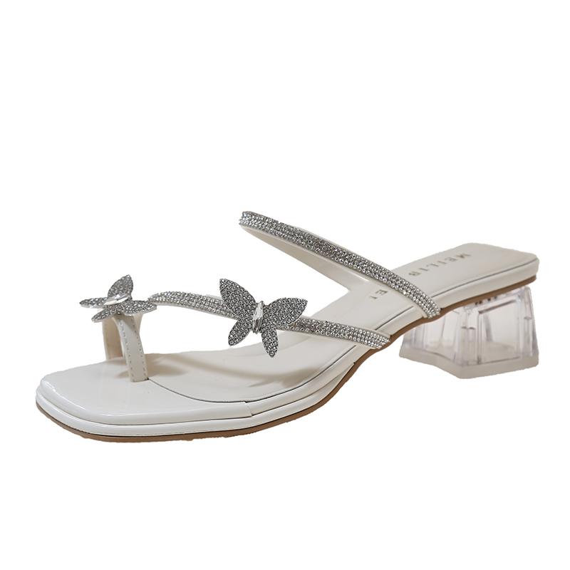 

Fashion 2025 Fashion Silver Crystal Sandals Women Rhinestone Butterfly Thick Heel Sandles Woman Summer Med Heeled Party Shoes Female 37