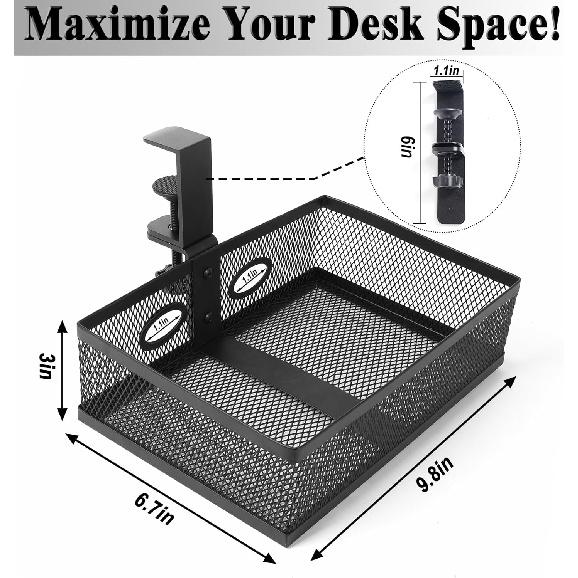 Under Desk Organizer with 360° Swivel, Clamp-On No Drill tallation, Sturdy Mesh Storage Drawer for Home Office, Pencils, Art Supplies and More
