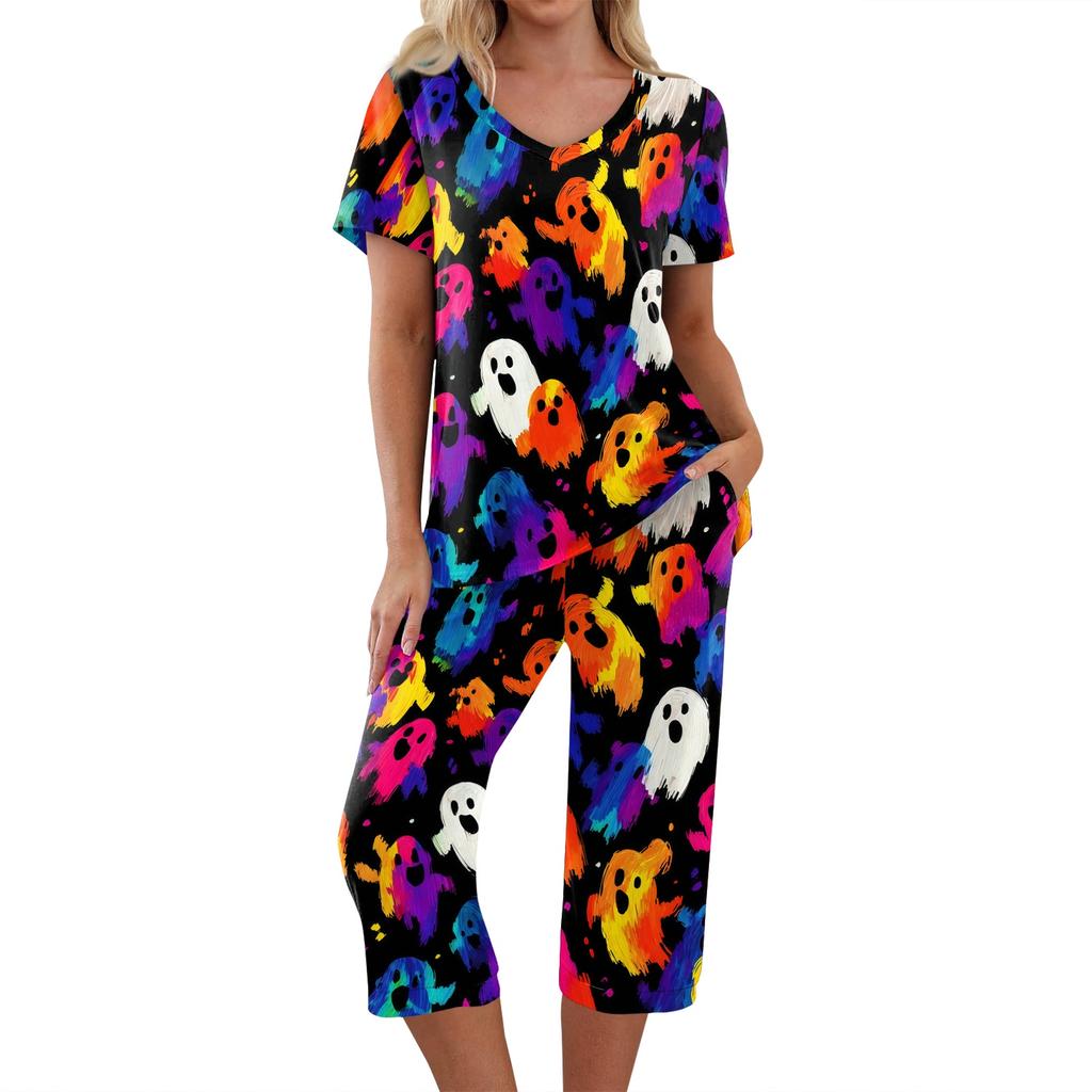 Women's Halloween Two Piece Outfit - Short Sleeve Top and Pants Set with Fun Print, Casual Wear for Halloween Party and Everyday
