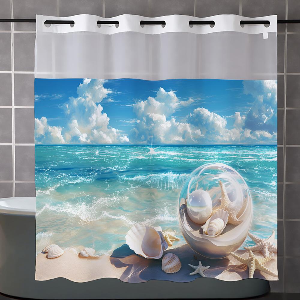 No Hook Ocean Beach pattern Shower Curtain With Snap-in Fabric Liner, Sheer Top Window, Waterproof Double Layer Bathtub curtain