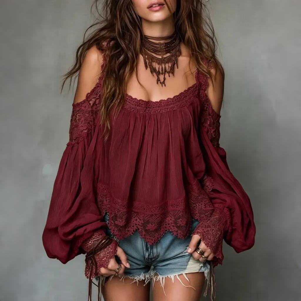 Women Long Sleeve Blouse Cold Shoulder Lace Trim Casual Shirt Bohemian Style Lightweight Top for Daily Wear