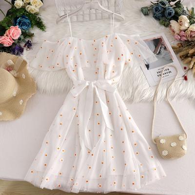 Women's Fashion Summer Spring Flower Pattern Print Short Sleeve One Shoulder High Waist Casual Dresses