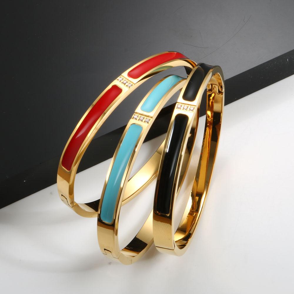 Braceletjonc Émail Mode pour Femmes CNC Cristal Zirconium Doré Noir Rouge Bleu Braceletjonc Coloré pour Femmes Bijoux Cadeau