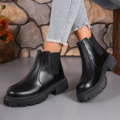 Pu Leather Thick Sole Chelsea Boots Women Autumn Winter Waterproof Black Ankle Boots Woman Plus Size 42 Slip On Platform Booties