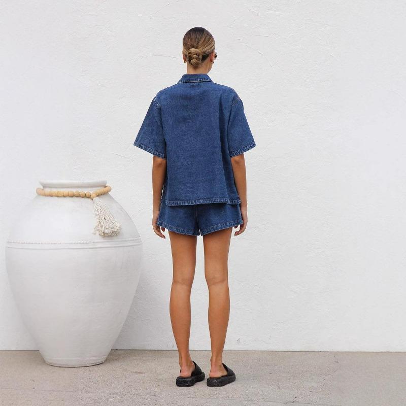 Women's Denim Shirt and Shorts Two Piece Set Short Sleeve Loose Casual Spring Summer Outfit