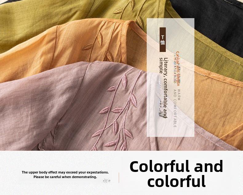 Hauts rétro brodés en coton et lin pour femme - Été 2024, coupe ample, style ethnique polyvalent