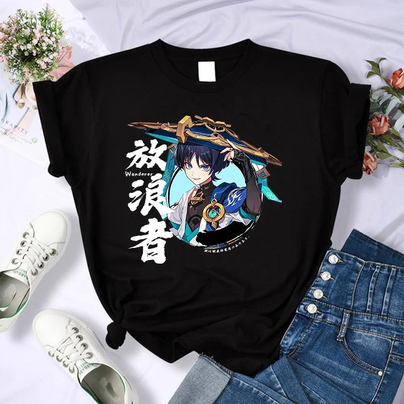 Y2k Female Genshin Impact T Shirt Kawaii Hu Tao Graphic Tees Xiao Kaedehara Kazuha Tshirt 90S Tops Harajuku Tshirt Women