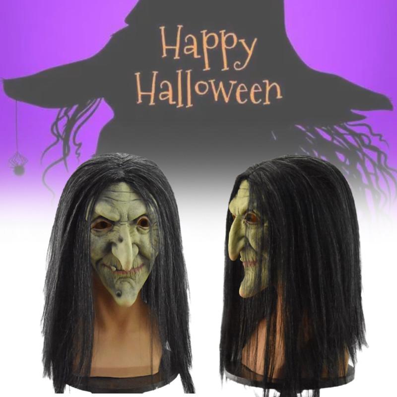 Classic Evil Witch Latex Mask For Halloween Party Costume With Scary Black Hair