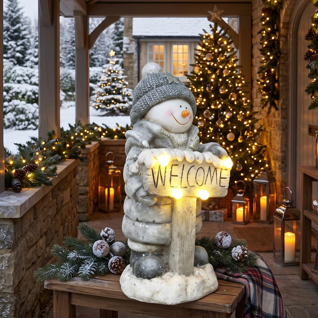 Christmas Decoration Snowman Figure, Illuminated Christmas Statue made of MGO with Welcome Sign, LEDs and Daily Timer