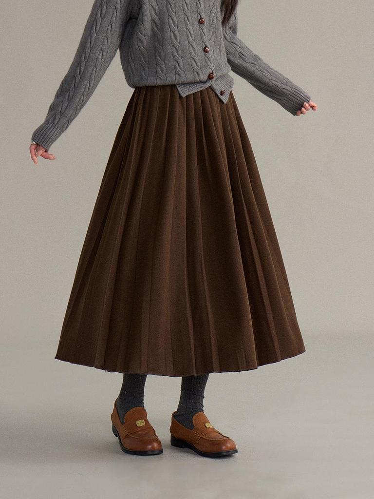 Ge Ming Retro High-Waisted Wool Pleated A-line Midi Skirt for Women - Winter Commute Style