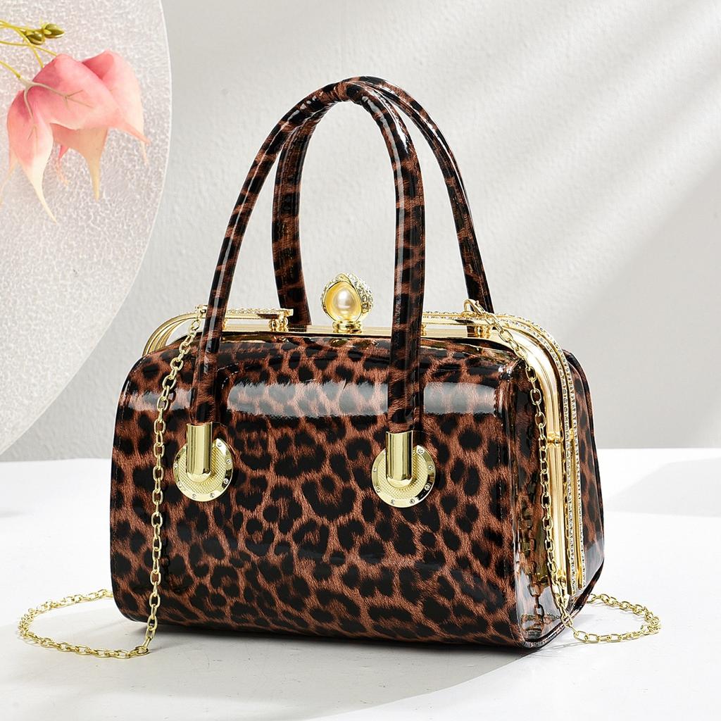 Neue Trendige Glänzende Lackleder Schultertasche, Stilvolle Und Personalisierte Leopardenmuster Diamantbesetztes Design Handtasche