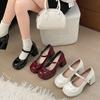 Red British Thick High-heeled Small Leather Shoes Women's Spring Mary Jane Shoes