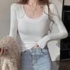 Women's Slim Fit Ribbed U-Neck Long-Sleeve Tee - New Autumn/Winter Korean Style