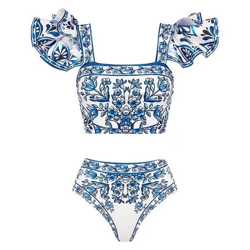 1SET women's sunscreen swimsuit gauze skirt printed swimsuit women's bikini