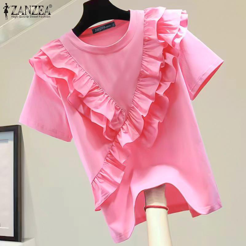 

ZANZEA Женская модная блузка с круглым вырезом и коротким рукавом, украшенная цветком S синий