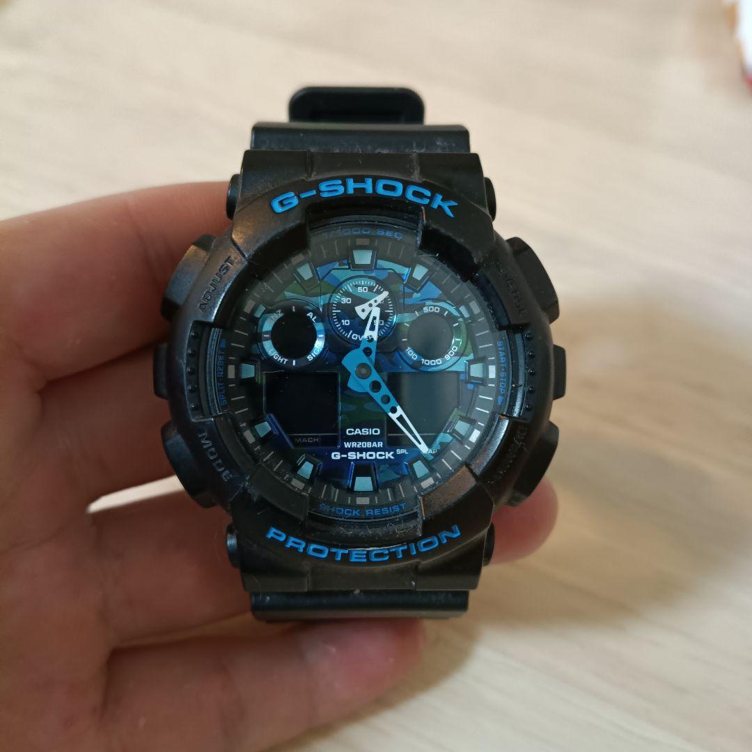 Used CASIO G-SHOCK watch black/blue camouflage *Battery dead