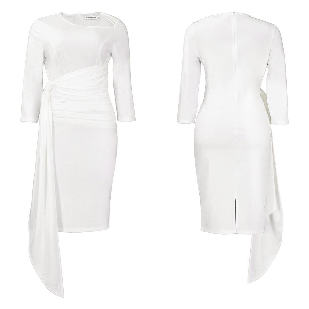 Large Size Women Spring Autumn Fashion Pleated Bandage Dress Ladies One Piece Solid Medium Sleeves Sheath Dress