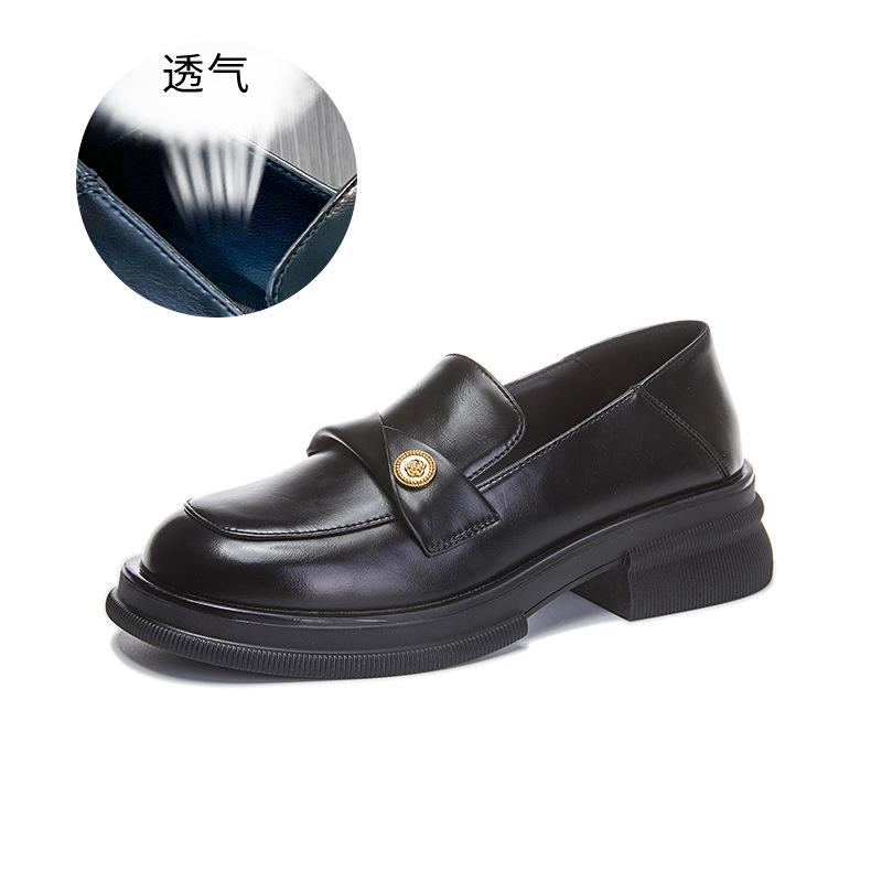 Black loafers women's 2025 spring new thick heel single shoes light mouth casual fashion shoes small leather shoes women