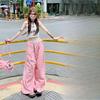 Women's Spring/Summer Pink Plaid Wide-Leg Pants Thin High-Waisted Drapey Straight-Leg Casual Loose Trousers