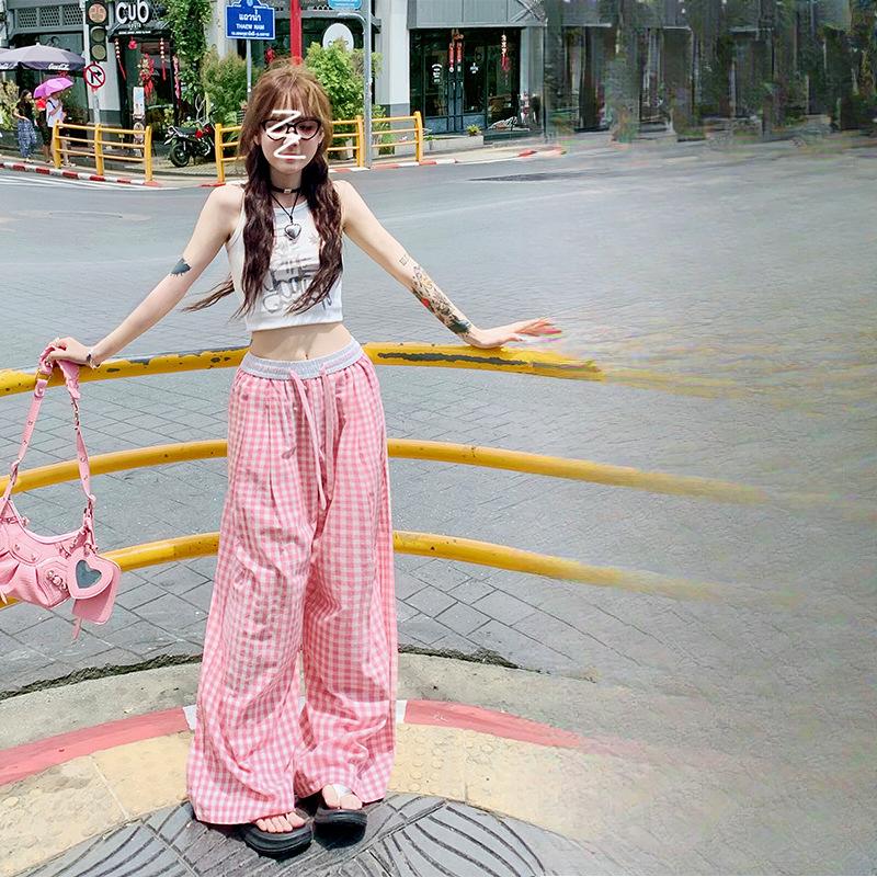 Women's Spring/Summer Pink Plaid Wide-Leg Pants Thin High-Waisted Drapey Straight-Leg Casual Loose Trousers