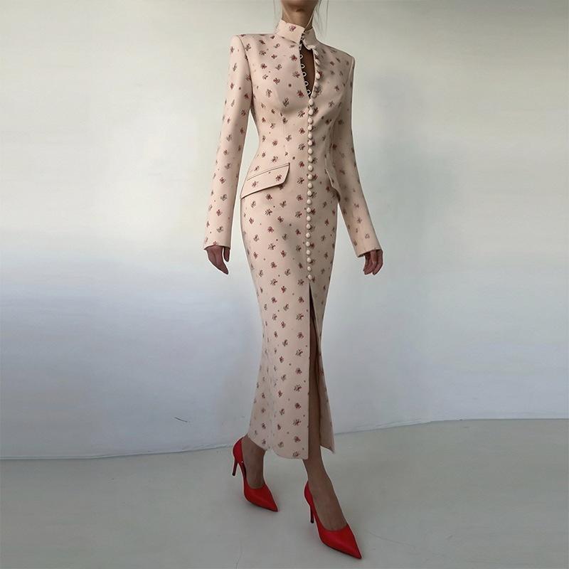 European and American women's clothing, new spring models, sexy and elegant single-breasted printed split-ended dress