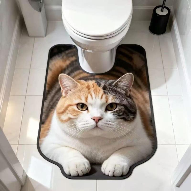 3D Realistic Cat U-Shaped Toilet Mat, Absorbent Non-Slip Bathroom Rug, Funny Fat Cat Toilet Floor Mat for Bathroom Decor, Multi Styles