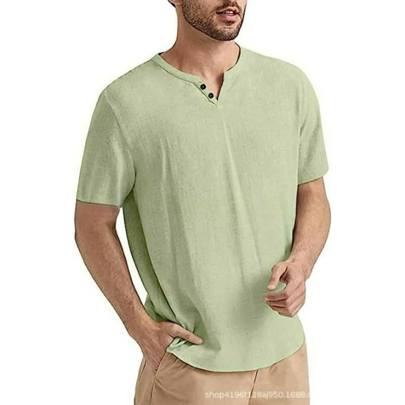 T-shirt Summer Beach Short-sleeved Casual Solid Color Regular Cotton and Linen T-shirt Top 3XL зелёный 1970₽