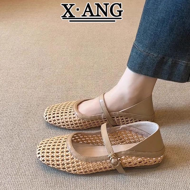 Sheepskin hand-woven Mary Jane shoes summer shallow mouth flat bottom single shoes hollow breathable hole shoes sandals women