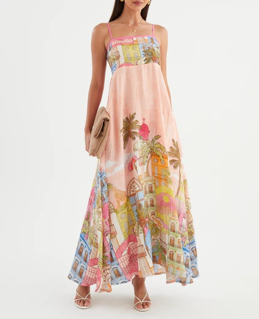 2026 European and American summer new dress positioning printing French retro pendulum suspender dress S розовый