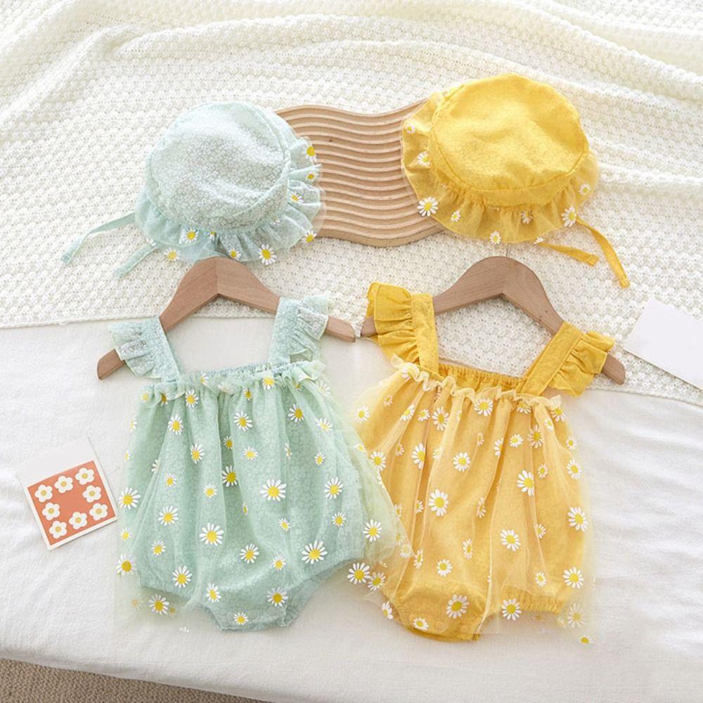 Mesh Flower Baby Princess Dress with Hat Loose Toddle Jumpsuits Baby Climbing Suit  Beach Vacation