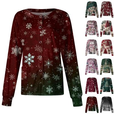 Damen Lässiger Langärmliger Einreihiger Strickcardigan mit Weihnachtsmotiv-Print