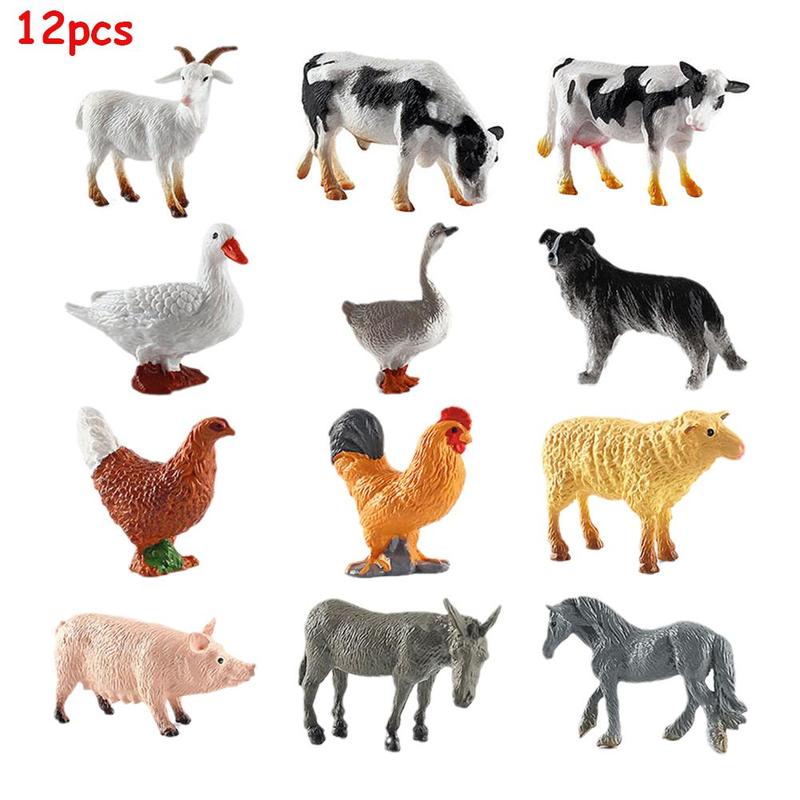 12pcs Mini Farm Figurines Realistic Animal Model Farm Series Cow Hen Duck Model Action Figures Poultry Animals Set