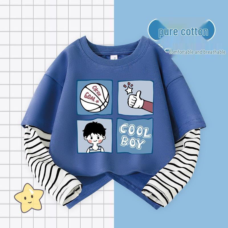 

Мальчиковая мультяшная лоскутная хлопковая футболка с длинным рукавом в полоску 130 cm