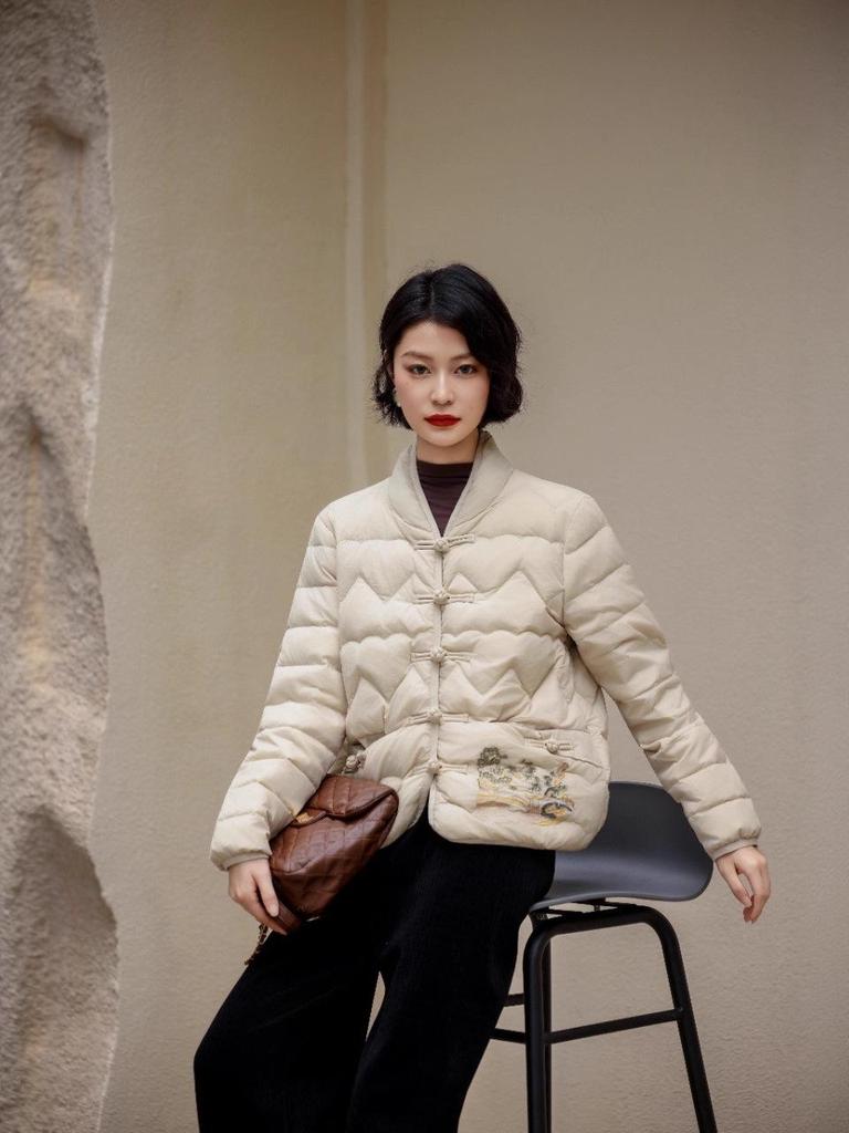 Chinese Style Embroidered Stand-up Collar Down Jacket with Frog Buttons