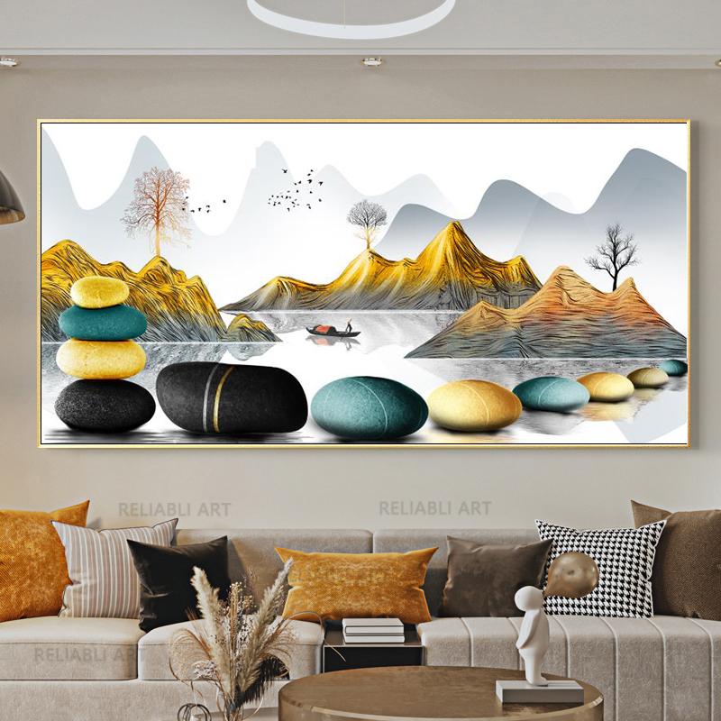 Chinese Feng Shui Golden Rich Tree Canvas Painting Wall Art Deer Landscape Lucky Stone Posters Wall Art for Living Room Decor