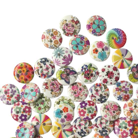 100Pcs Flower Print Wood Buttons 2 Holes Scrapbook Clothing Sewing DIY