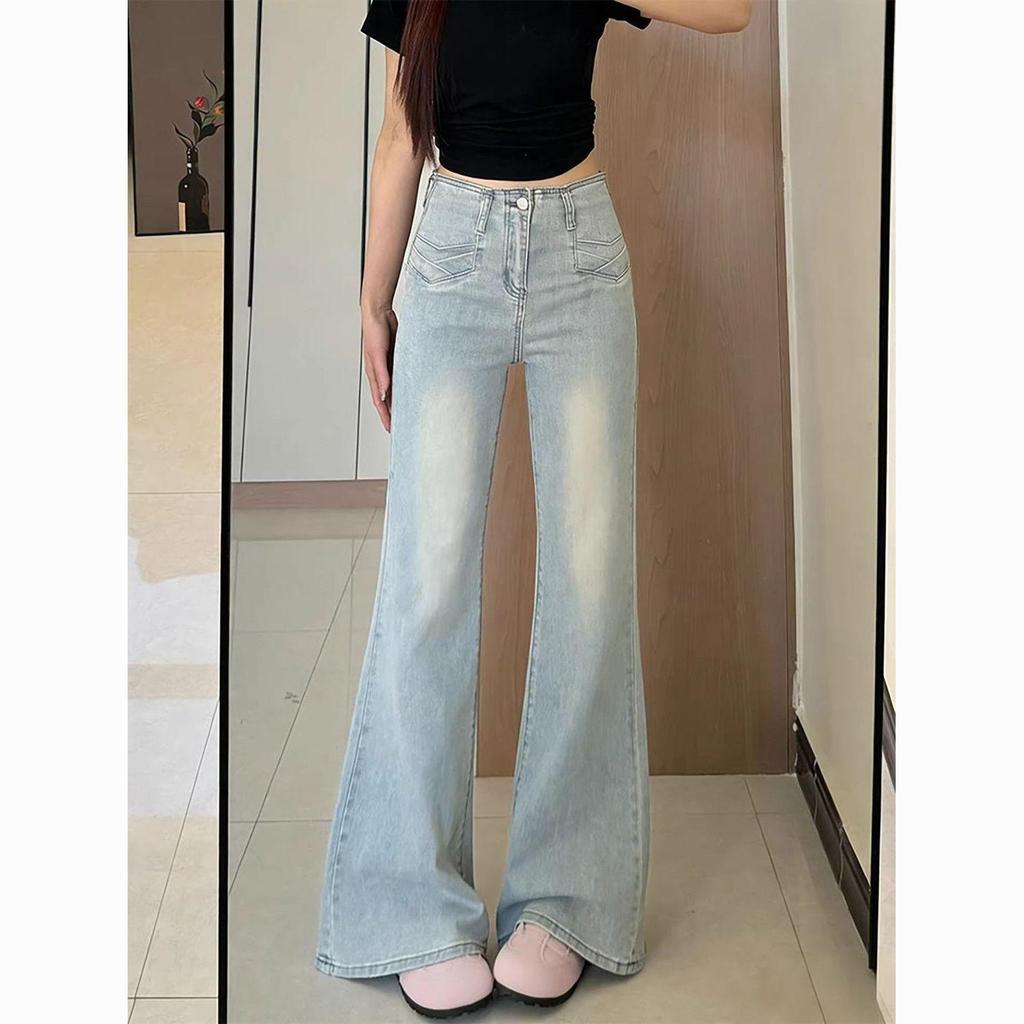 JYL TS Light Blue Flare Denim Jeans,Stretch Loose Floor Length Pants For Casual Wear