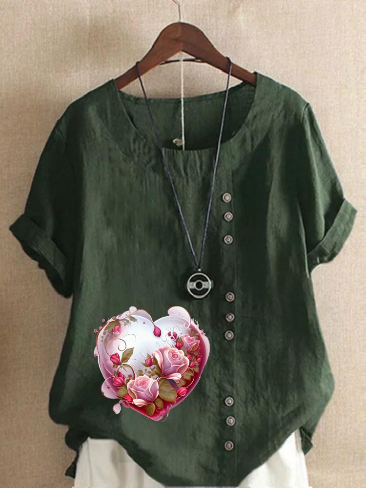 Women's Fashion Love Shaped Pattern Print Shot Sleeve T-shirt Loose Cotton Shirt Casual Loose Summer Plus Size Blouse Tops