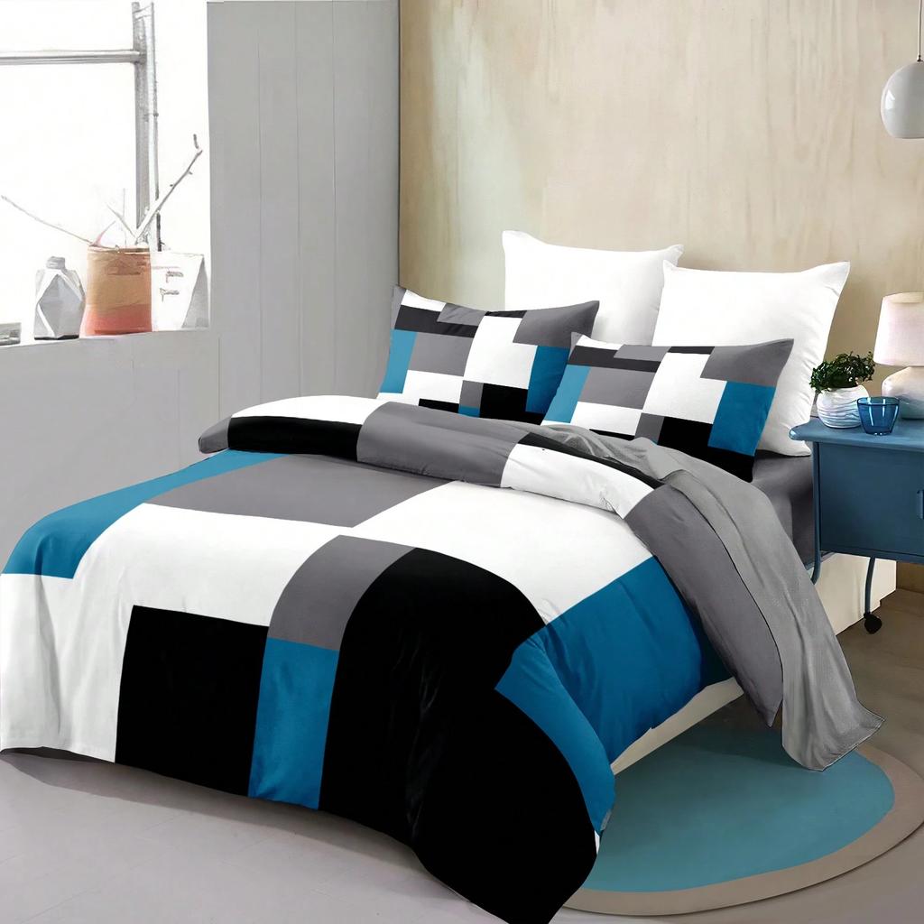 3pcs Blue Black And Gray Plaid Pattern Duvet Cover Set Simple Style Fashionable Pattern Room Decor Single Twin Queen King Size