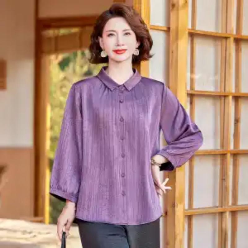 Damen Freizeit Hemdbluse Halbarm Lockerer Schnitt Einfarbige Sommerbluse für Mittleren Alters