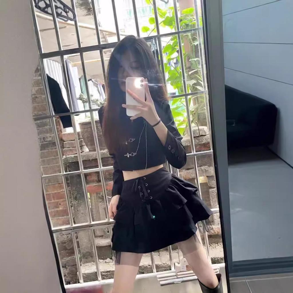 Women's Spring Autumn Ballet Style Puffy Casual Design-forward Slimming All-match Versatile Short Skirt Waist Mesh Petite Black Lace-Up JK Skirt