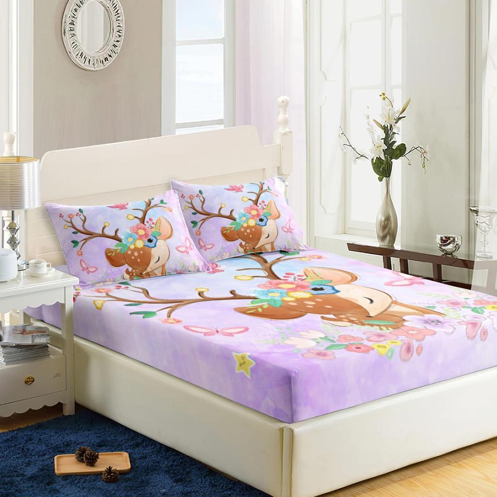 Cute Flower Deer Pattern Mattress Three-Piece Digital Printing Home Bedding Set