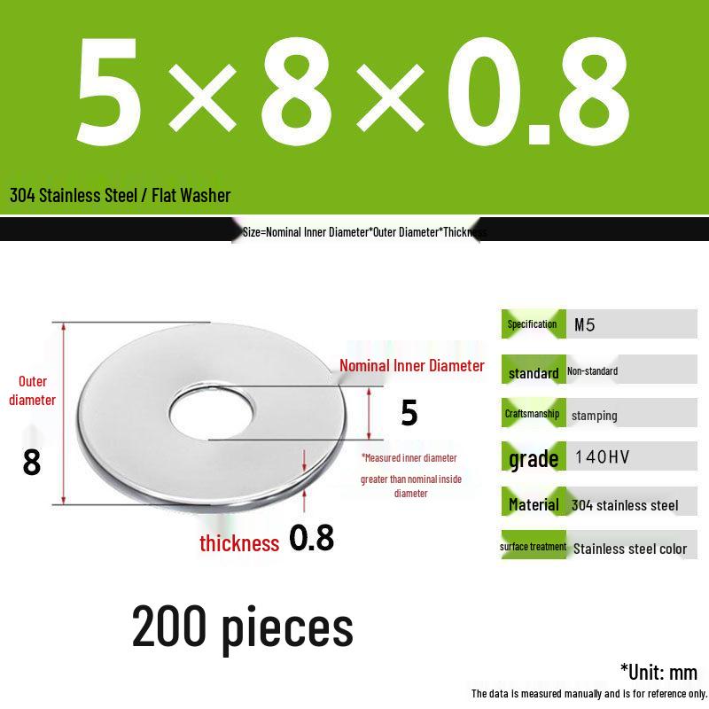 304 Stainless Steel Thickened Flat Washer Set, Sizes 2-36