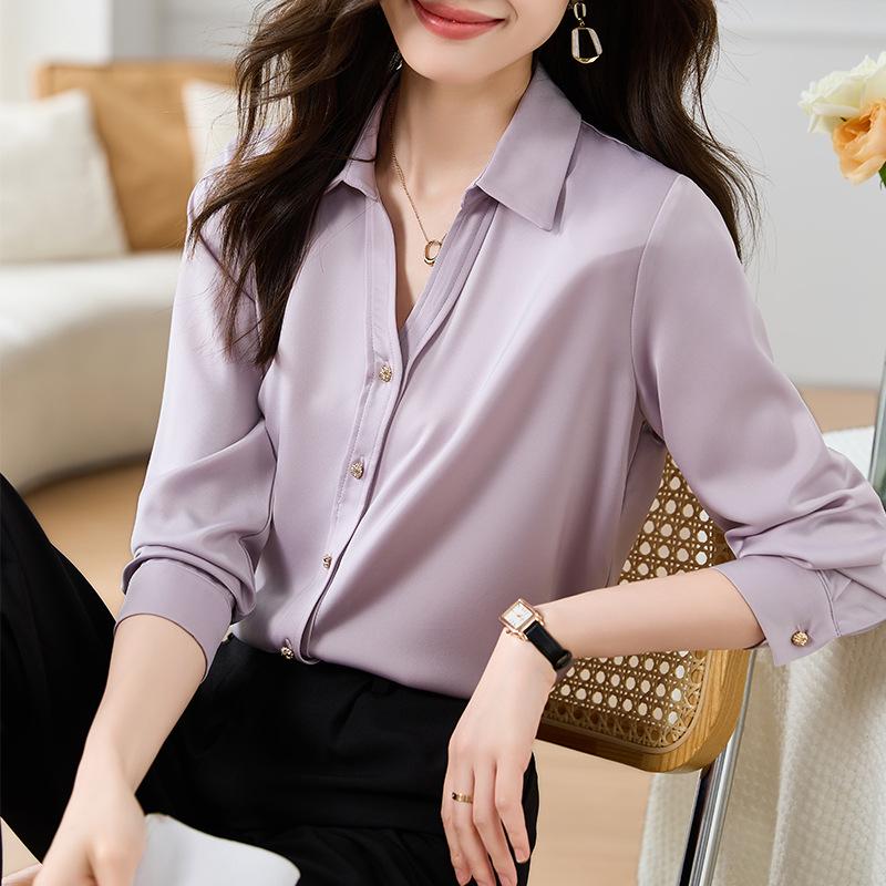 Women's Pink Long-Sleeve Shirt - Professional, Elegant, Perfect for Teacher Interviews, Mature Style, Ideal for Spring/Autumn.