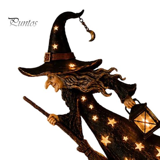 Unique Halloween Gift for Friends Witch Figurine with Star Light, Resin Tabletop Nightlight Lantern, Sturdy Craft Statue Wizard Hat Broom Indoor