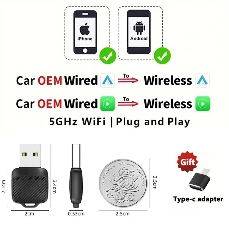 Universal Mini Box  Wired to Wireless Carplay Android Auto 2in1 Mini Adapter Dongle Auto Connect Plug&Play Bluetooth WiF