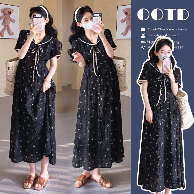 2026 Summer Black Doll Collar Bow Print Long Dress M