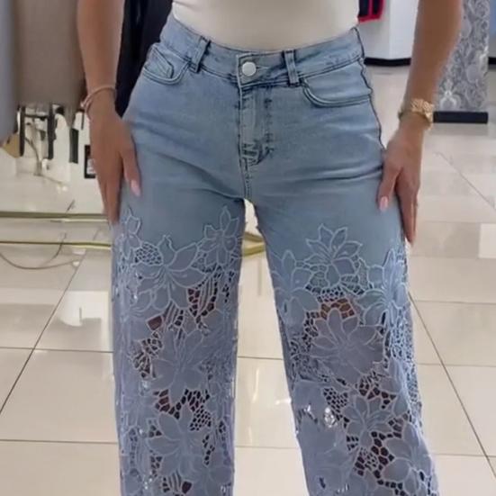 Dames Jeans med blonde-lapper, avslappet baggy rett vidde, denimbukser med middels høy midje, blomstermønster, uthulede jeans