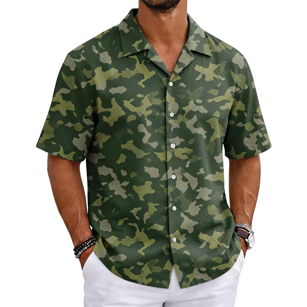 Men's Camouflage Short Sleeve Cuban Collar Shirt Lightweight Breathable Casual Button Down Shirt Summer Beachwear
