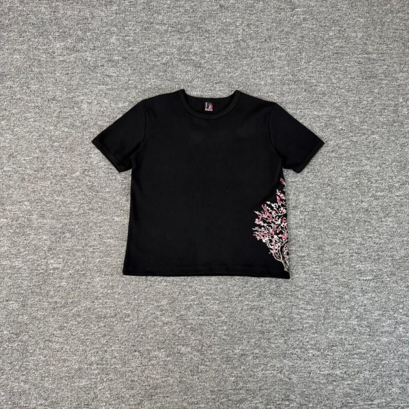 Unisex Cotton Short Sleeve T-Shirt With Embroidered Cherry Blossom Design Loose Fit Round Neck Tee Casual Wear